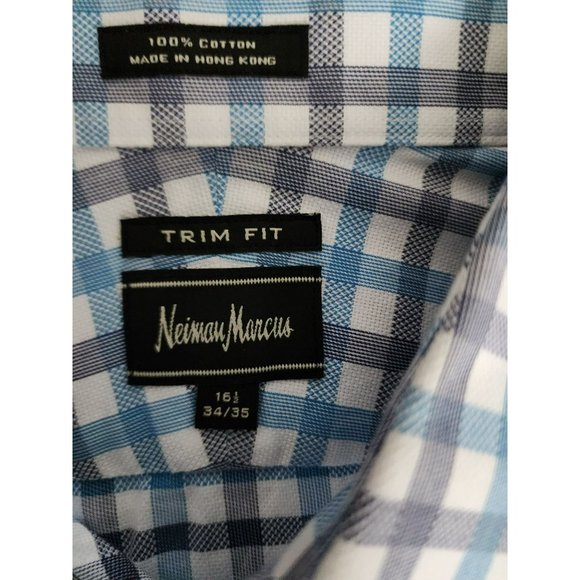 Neiman Marcus Men's Blue Plaid Trim Fit Long Sleeve Shirt Size 16½ - Picture 5 of 9